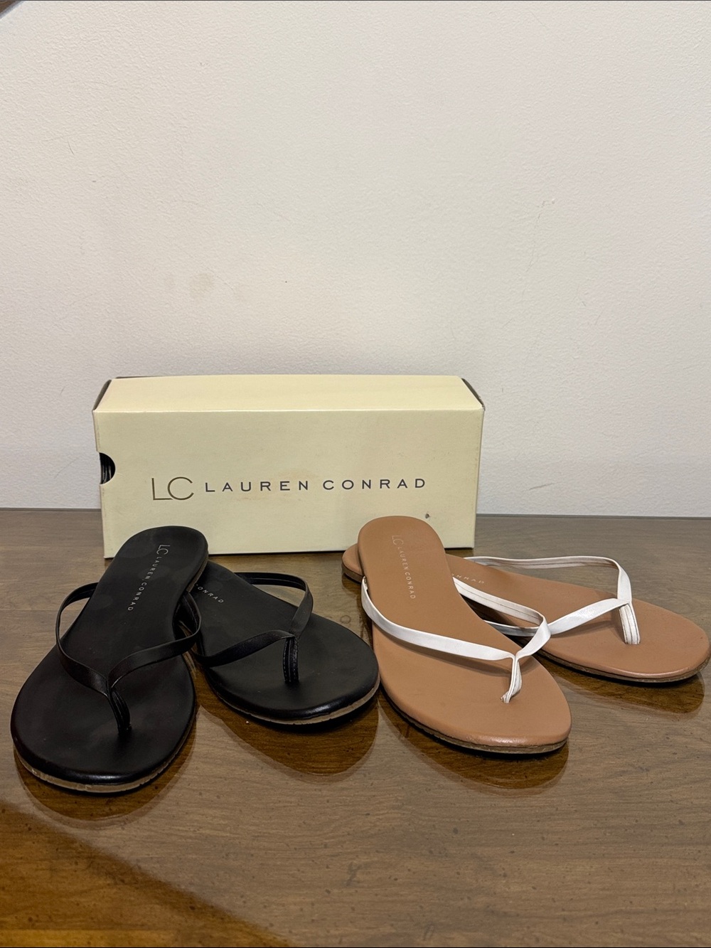 LC Lauren Conrad Two-Pair Flat Thong Sandals in Black and White/Tan